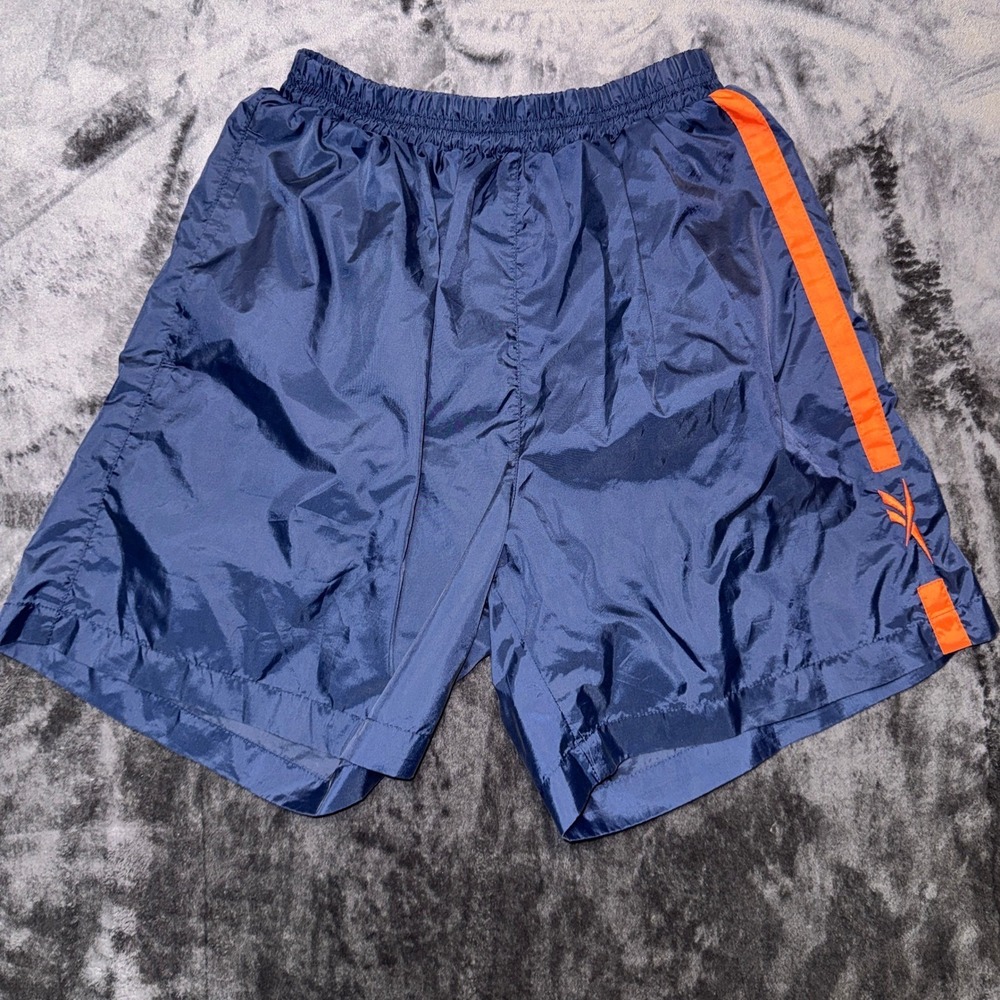 Reebok Mens Navy Blue Orange Stripe Nylon Athletic Gym Running Shorts